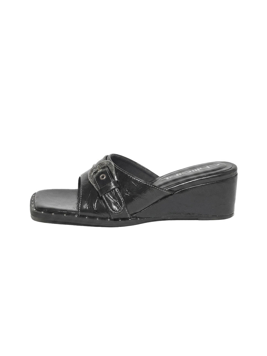 Buckled Square-Toe Low-Wedge Slide Sandals