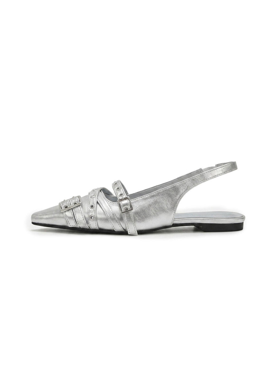 Silver Pointed-Toe Rivet Slingback Flats