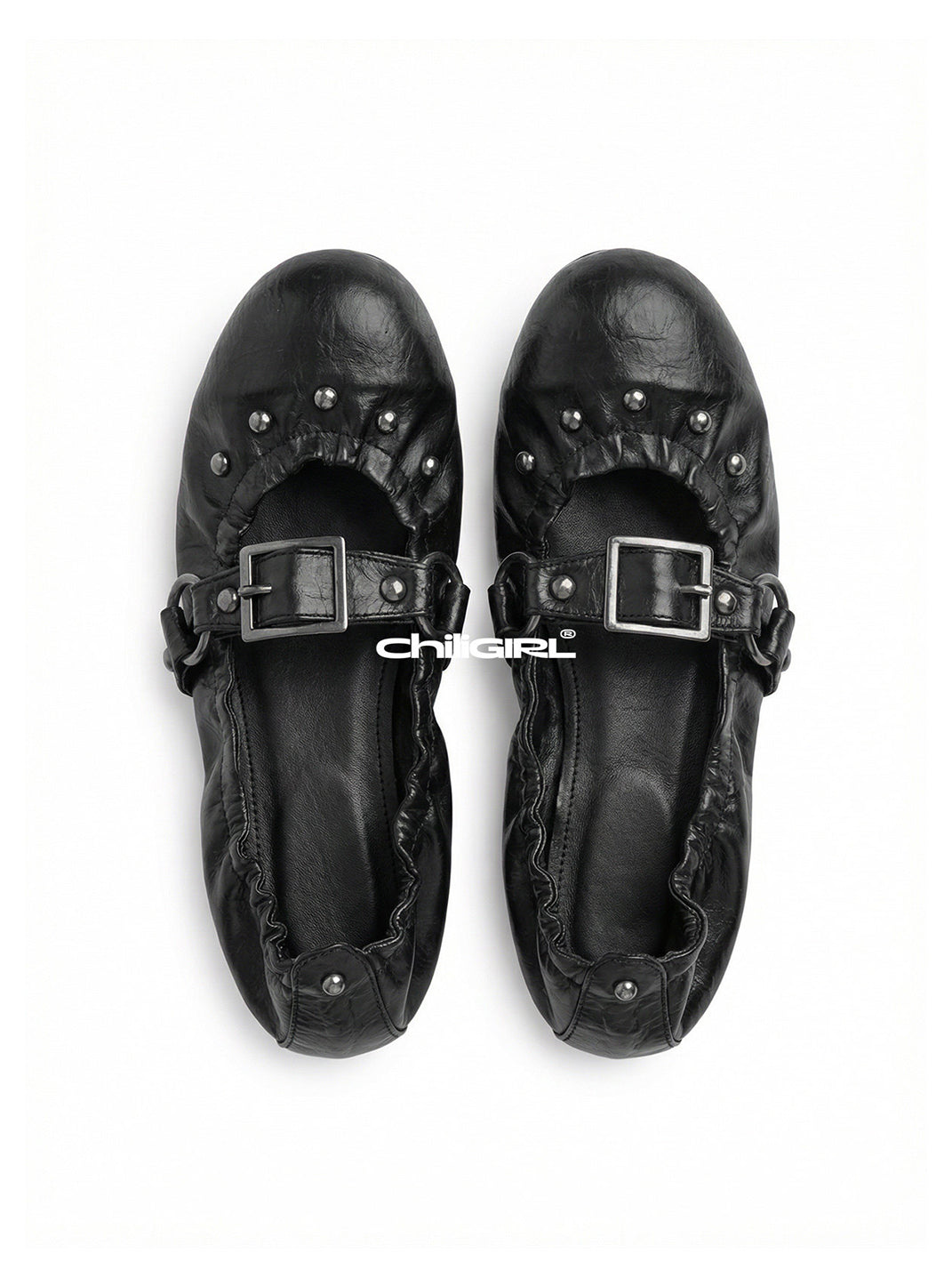 Rivet-Buckle Crinkled Ballet Flats
