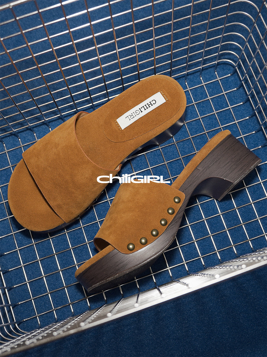 Studded Brown Sculpted-Heel Slides