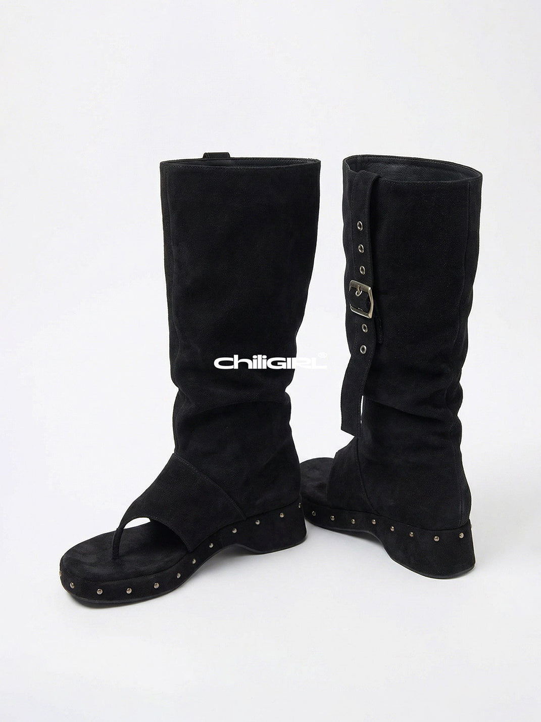 Black Rivet Low-Heel Tall Sandal Boots