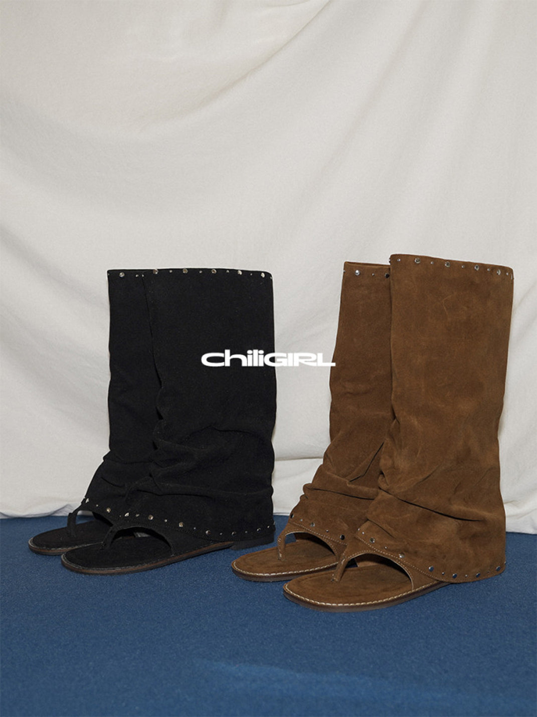 Studded Suede Open-Toe Tall Boots