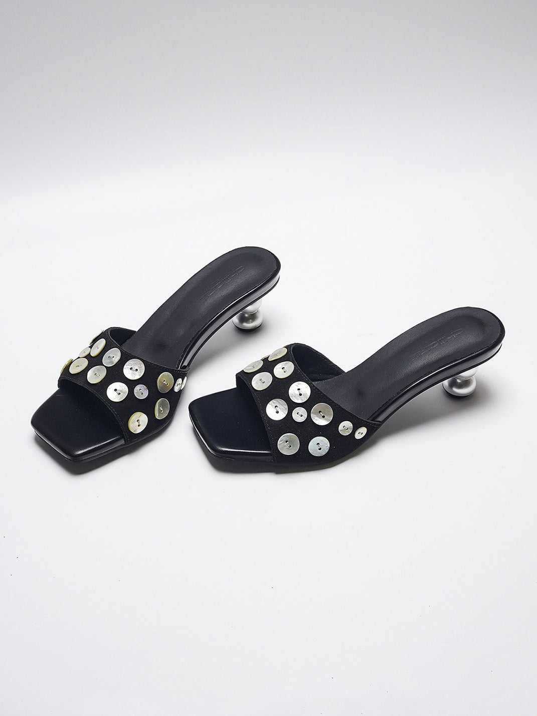 Black Shell-Buckle Sculpted-Heel Slides