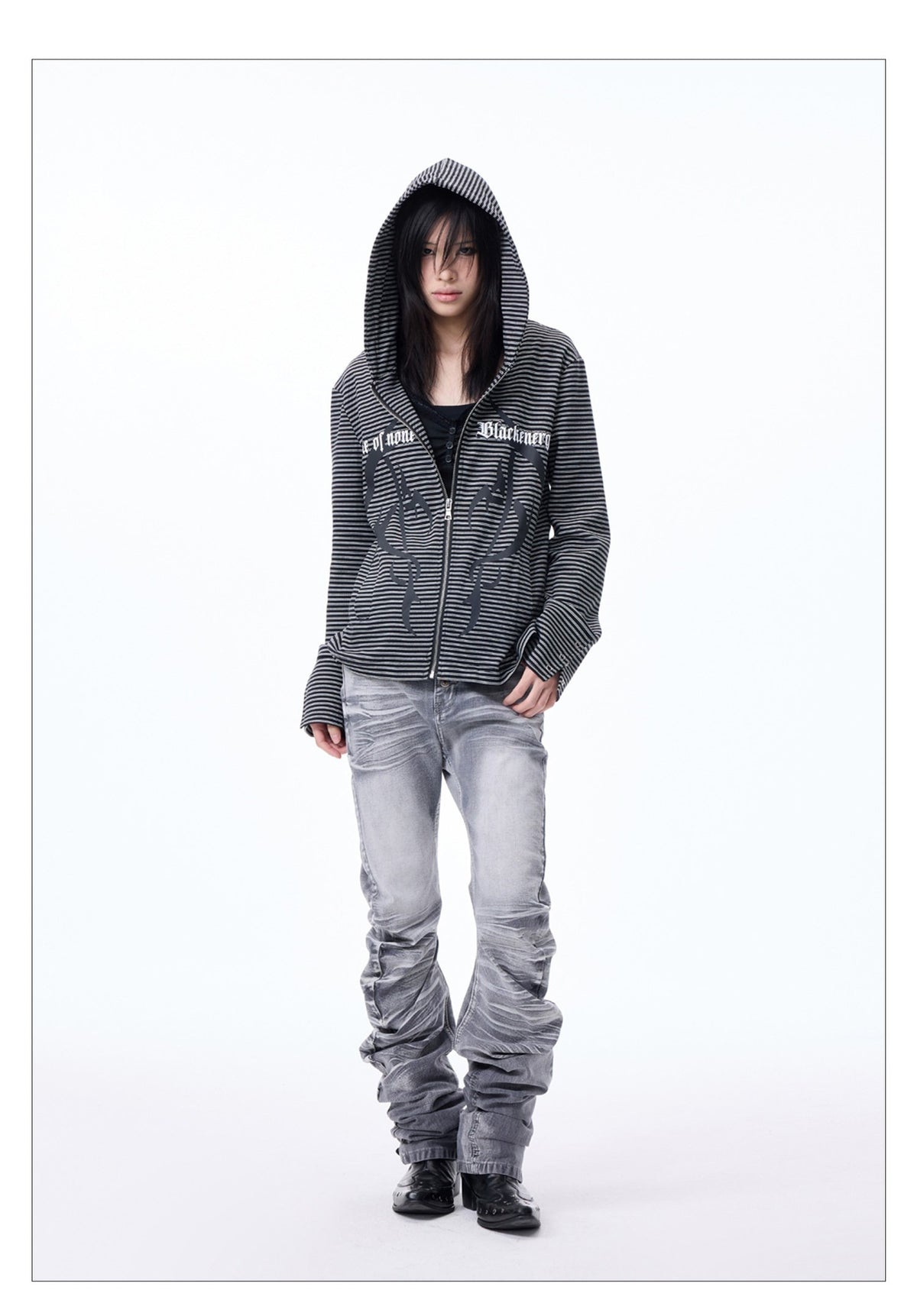 Striped Print Hooded Sweatshirt Zip-up Cardigan