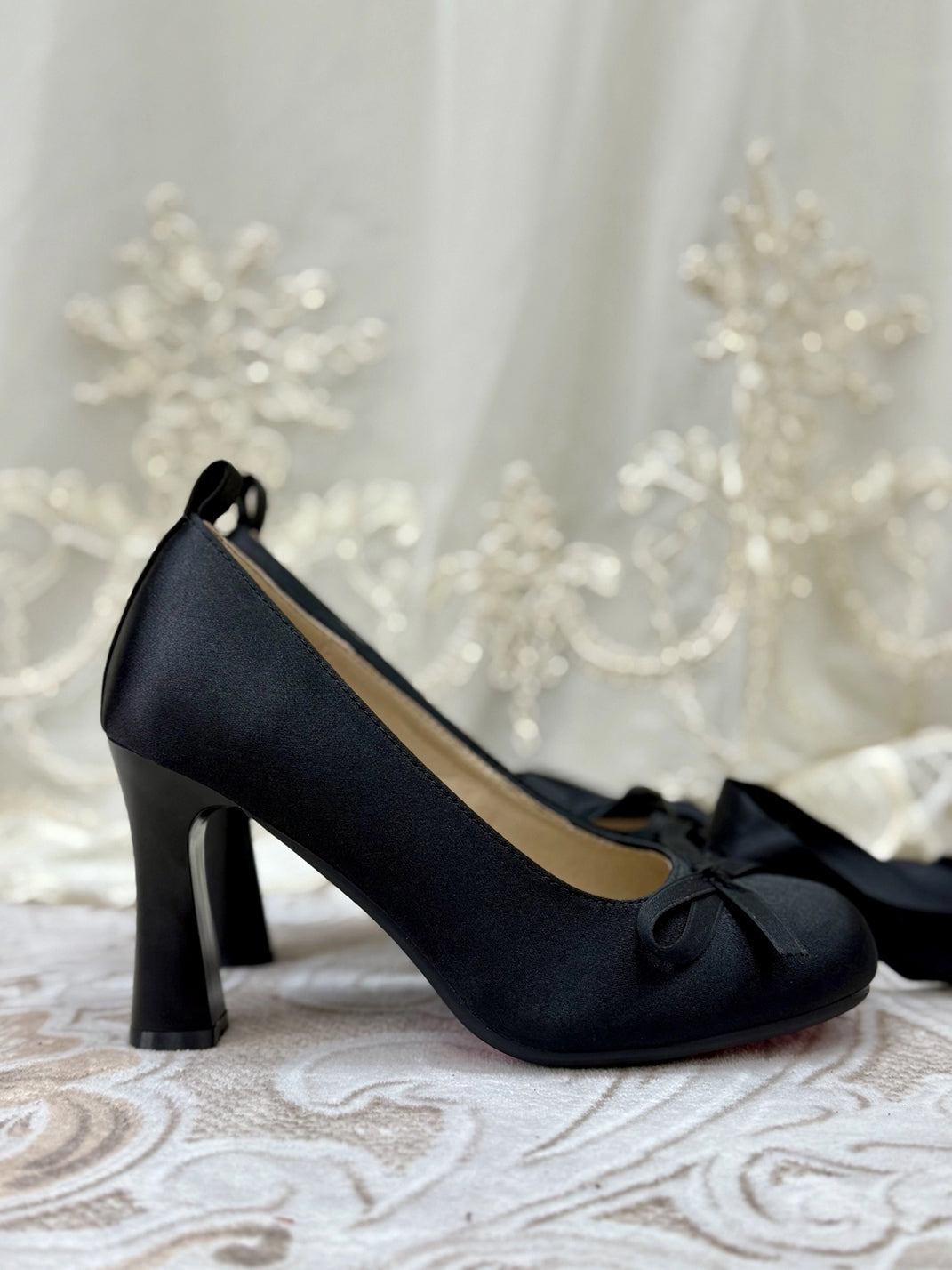 Ribbon-Lace Satin 9cm Bow Pumps