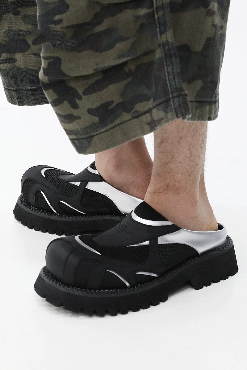 Black and Silver Mesh Platform Slip-Ons