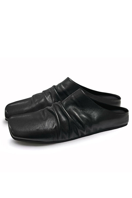 Black Ruched Leather Mules