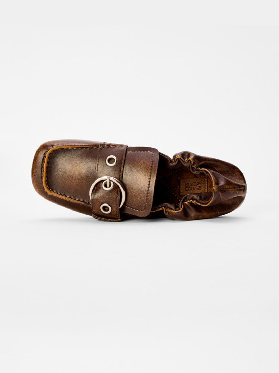 Burnished Ruched Leather Buckle Flats
