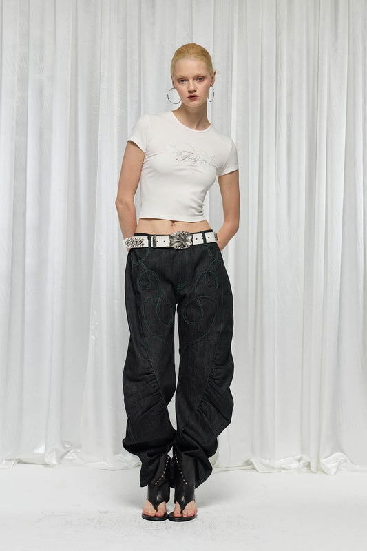 DND4DES×Faychui Spiral Patch Ruched Spliced Curved Jeans
