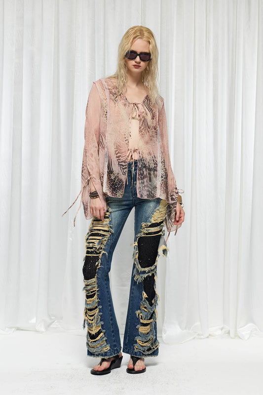 DND4DES×Faychui Grunge Heavy-Distressed Layered Flared Jeans
