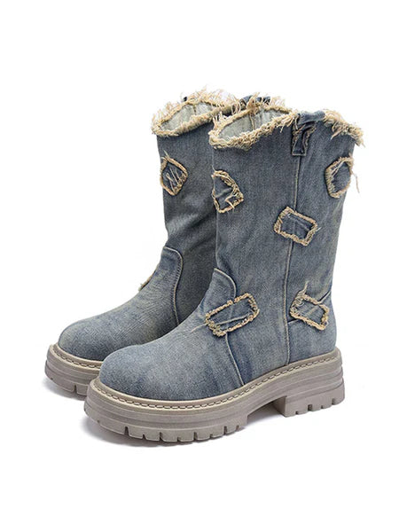 Star-Cutout Distressed Denim Platform Boots