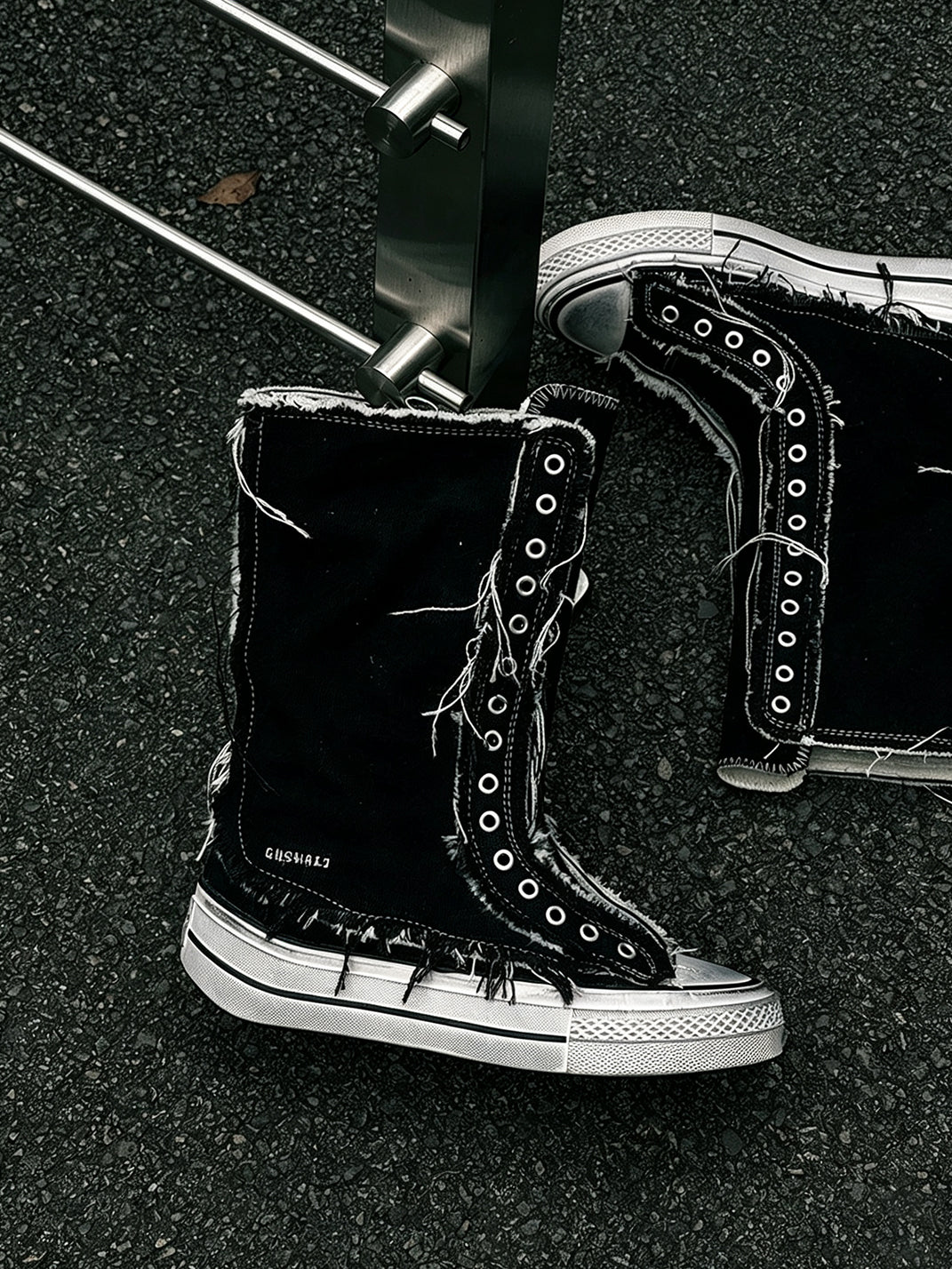 Distressed High-Top Canvas Platform Boots