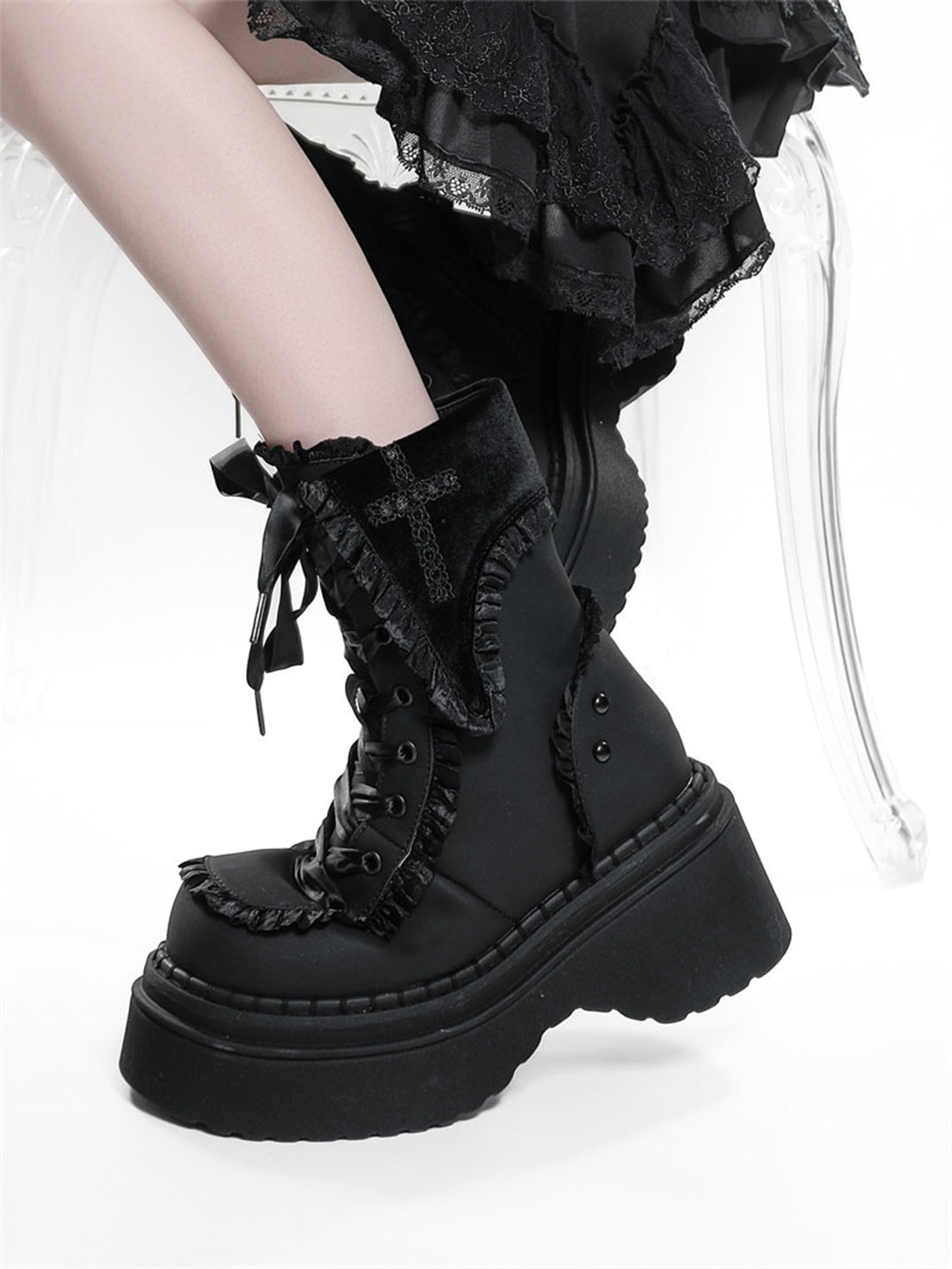 Cross-Applique Red-Lace Platform Combat Boots