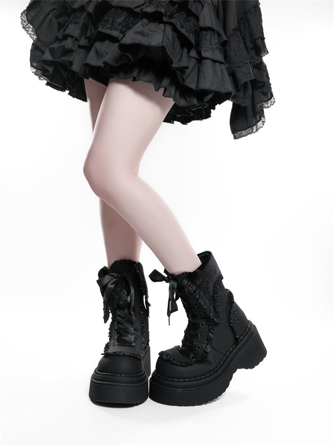 Cross-Applique Red-Lace Platform Combat Boots