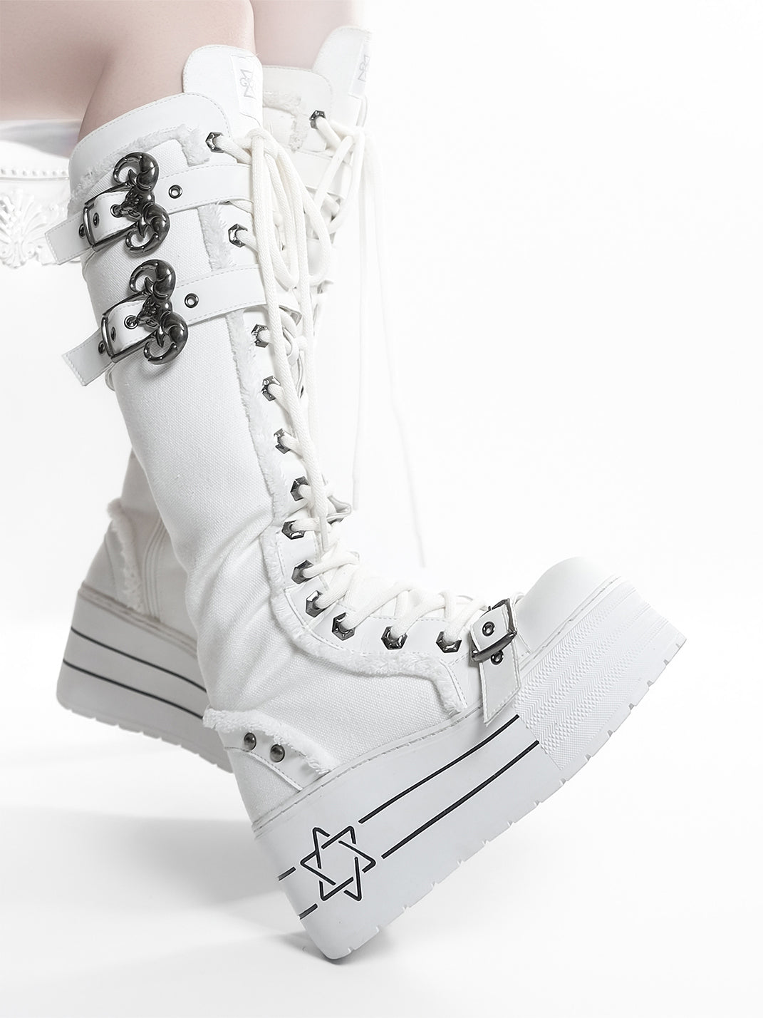 White Triple-Buckle Platform Knee-High Boots