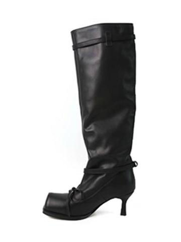 Square-Toe Bow Knee-High Leather Boots