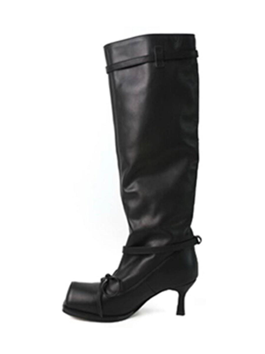 Square-Toe Bow Knee-High Leather Boots