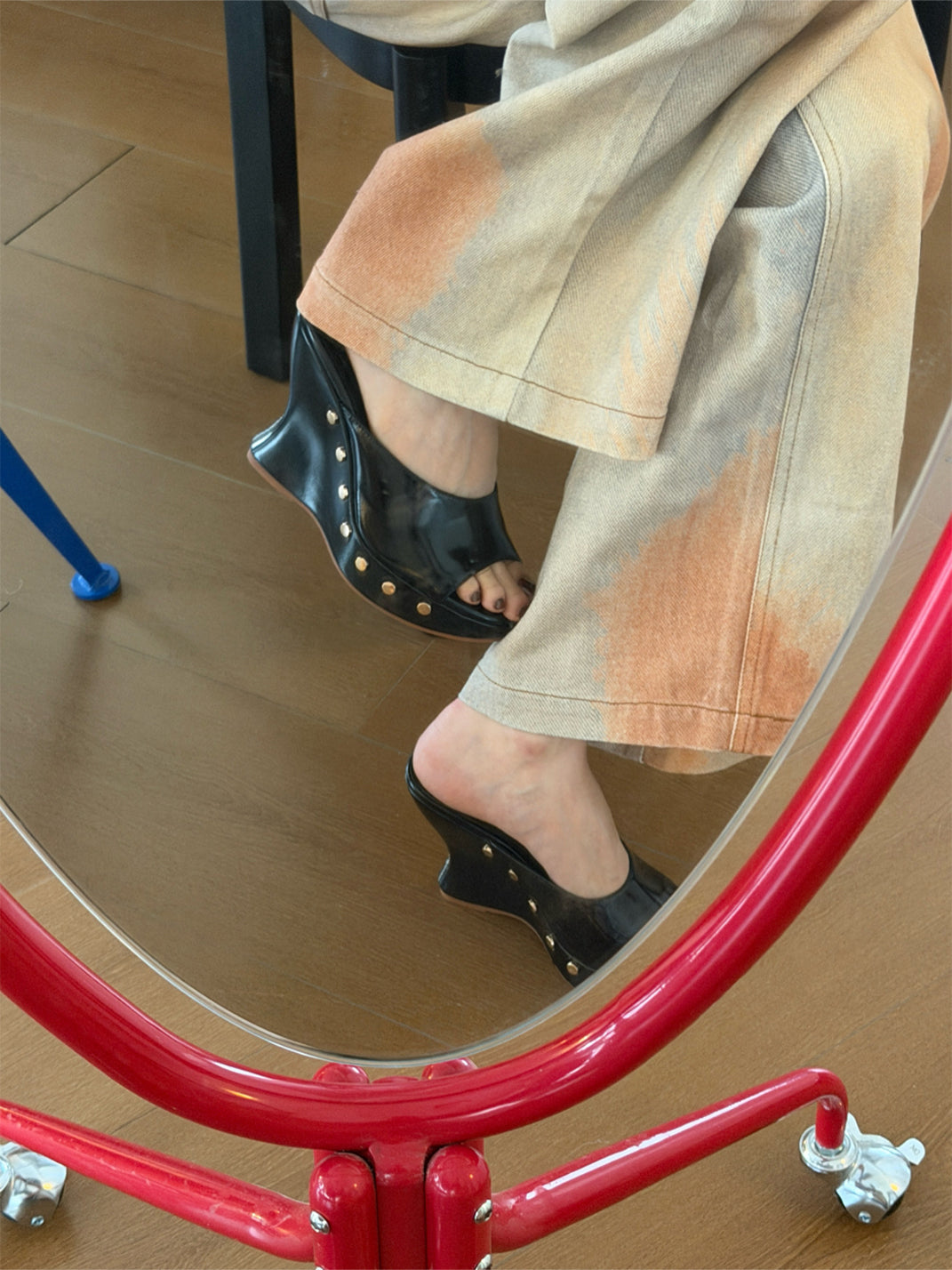 Studded Open-Toe Platform Wedge Mules
