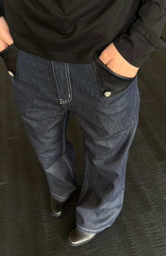 KREATE Raw PU-Paneled Flare Denim