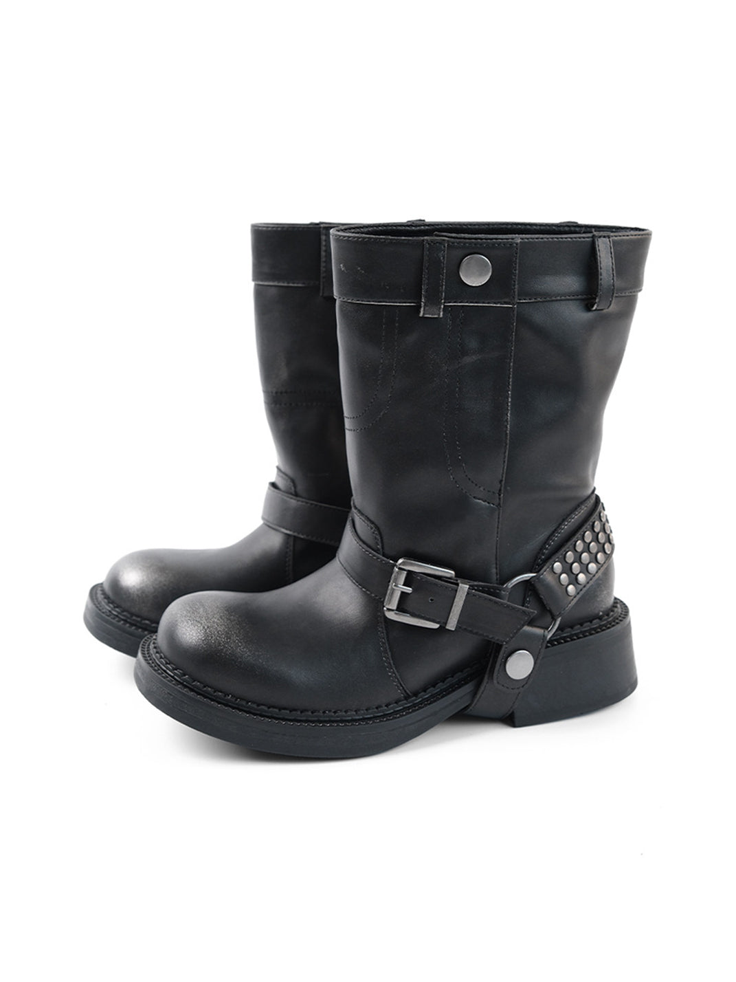 Triple-Buckle Leather Biker Ankle Boots