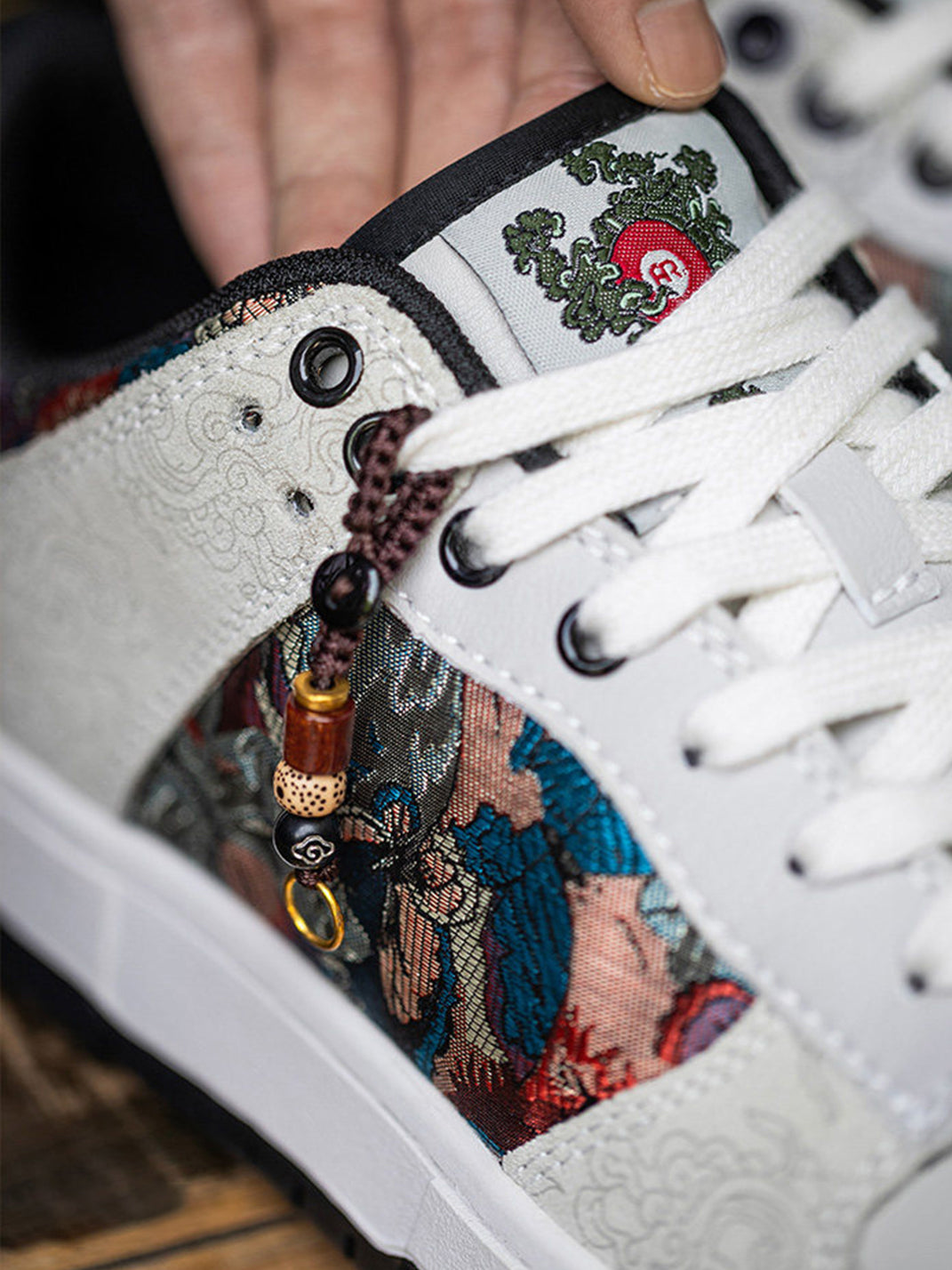 Brocade Bird-Panel Embroidered Court Sneakers