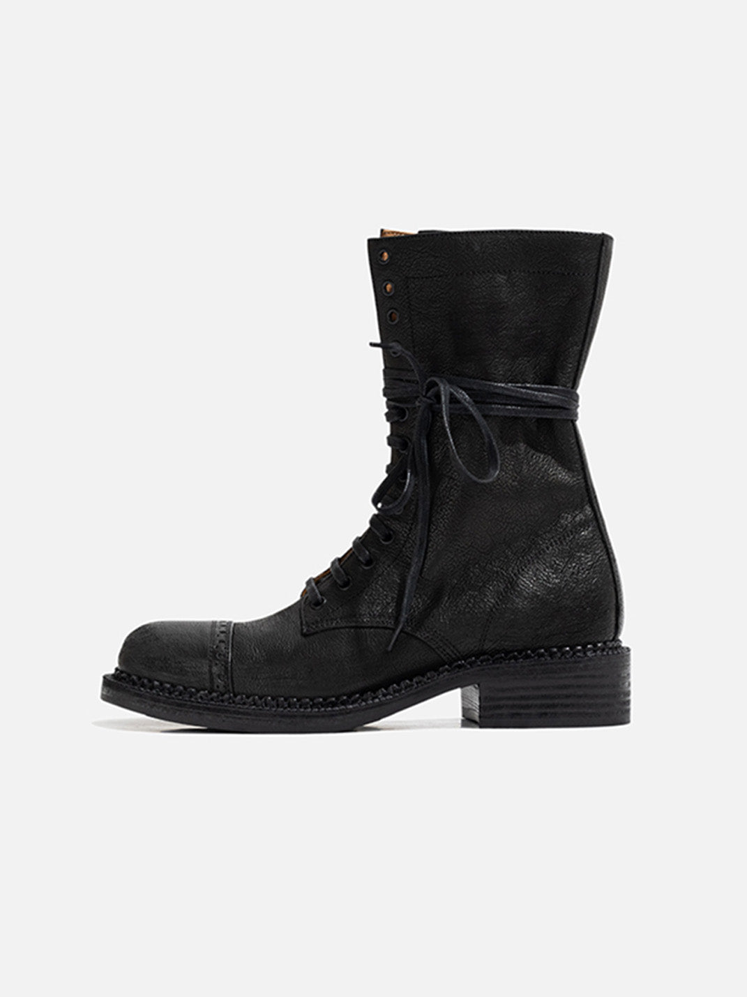 Distressed Leather Mid-Calf Combat Boots