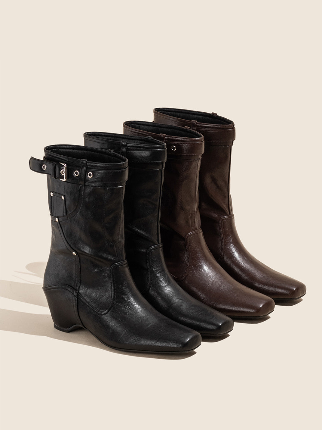 Buckle-Cuff Leather Western Ankle Boots