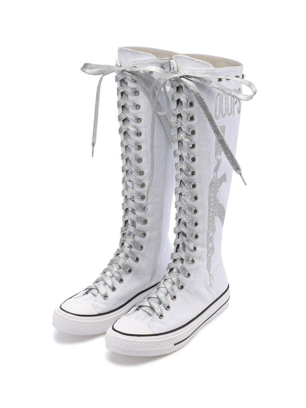 Studded Graphic Canvas Knee-High Boots