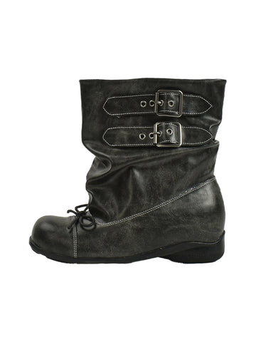 Ruched Multi-Buckle Mid-Calf Biker Boots