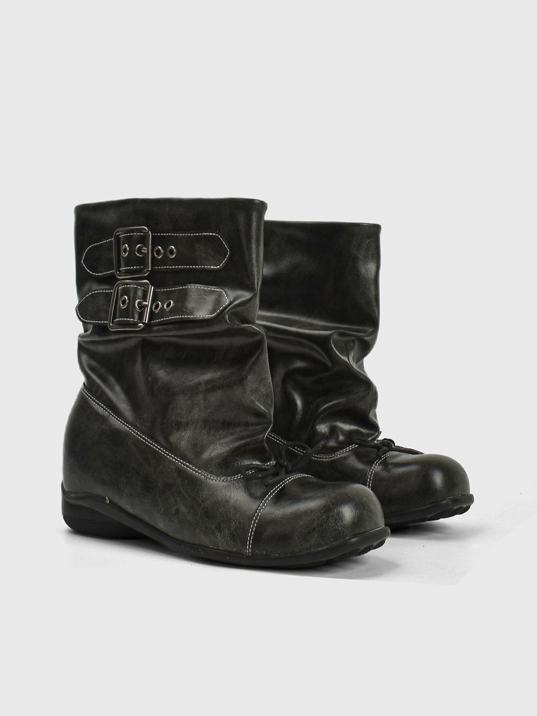 Ruched Multi-Buckle Mid-Calf Biker Boots