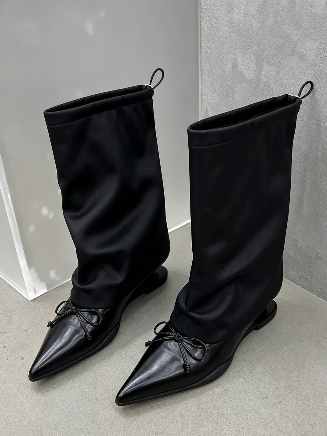 Satin-Shaft Pointed-Toe Mid-Calf Boots