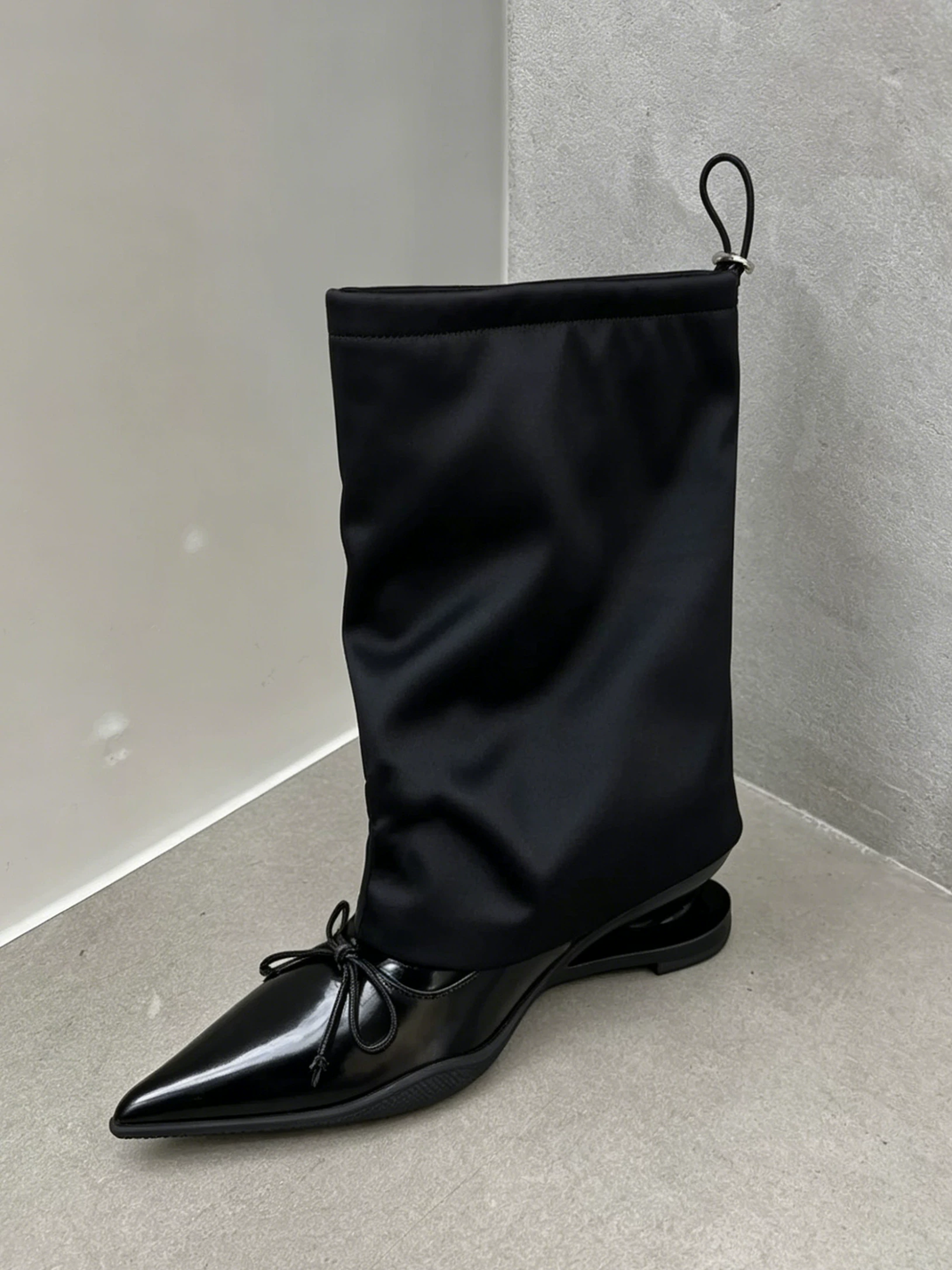Satin-Shaft Pointed-Toe Mid-Calf Boots