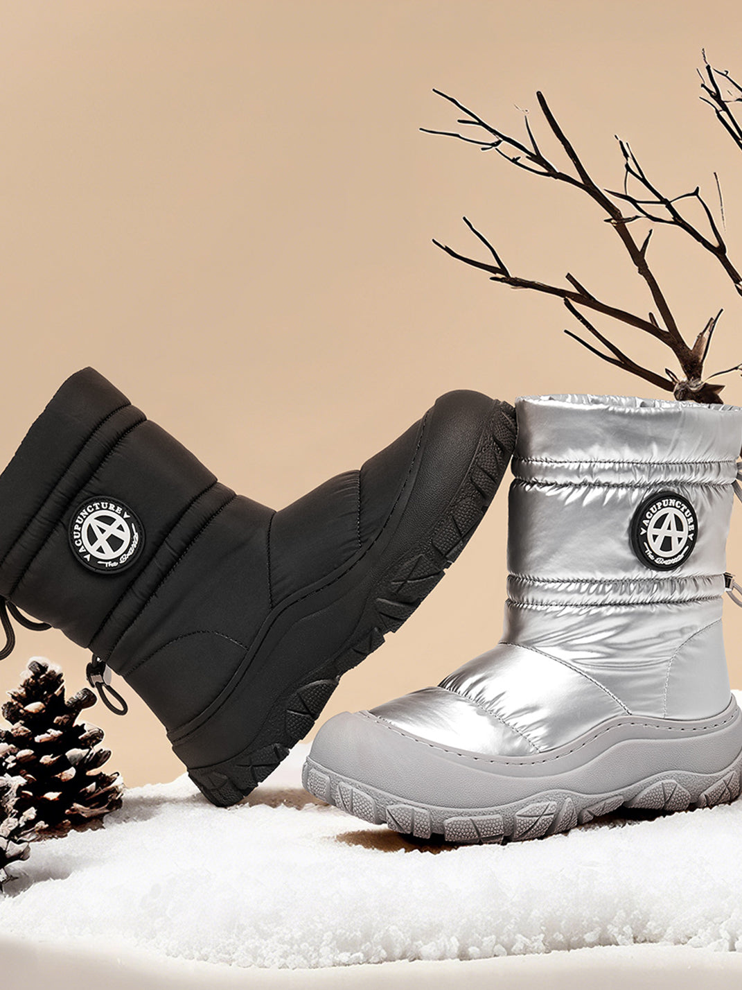 Silver Drawstring Puffer Snow Boots