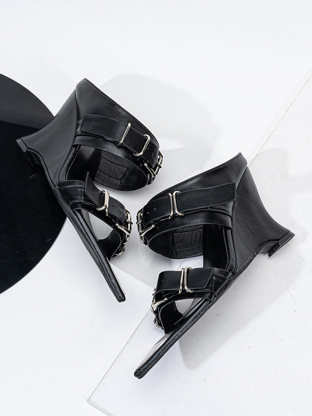Pointed-Toe Triple-Buckle Wedge Sandals
