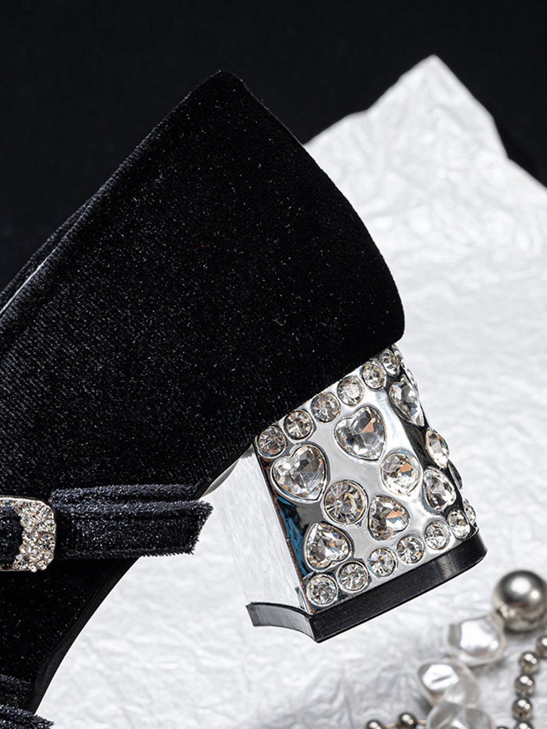 Crystal Bow Velvet Block-Heel Mary Janes
