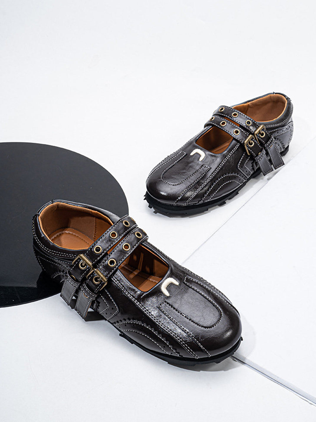 Studded Double-Buckle Square-Toe Flats