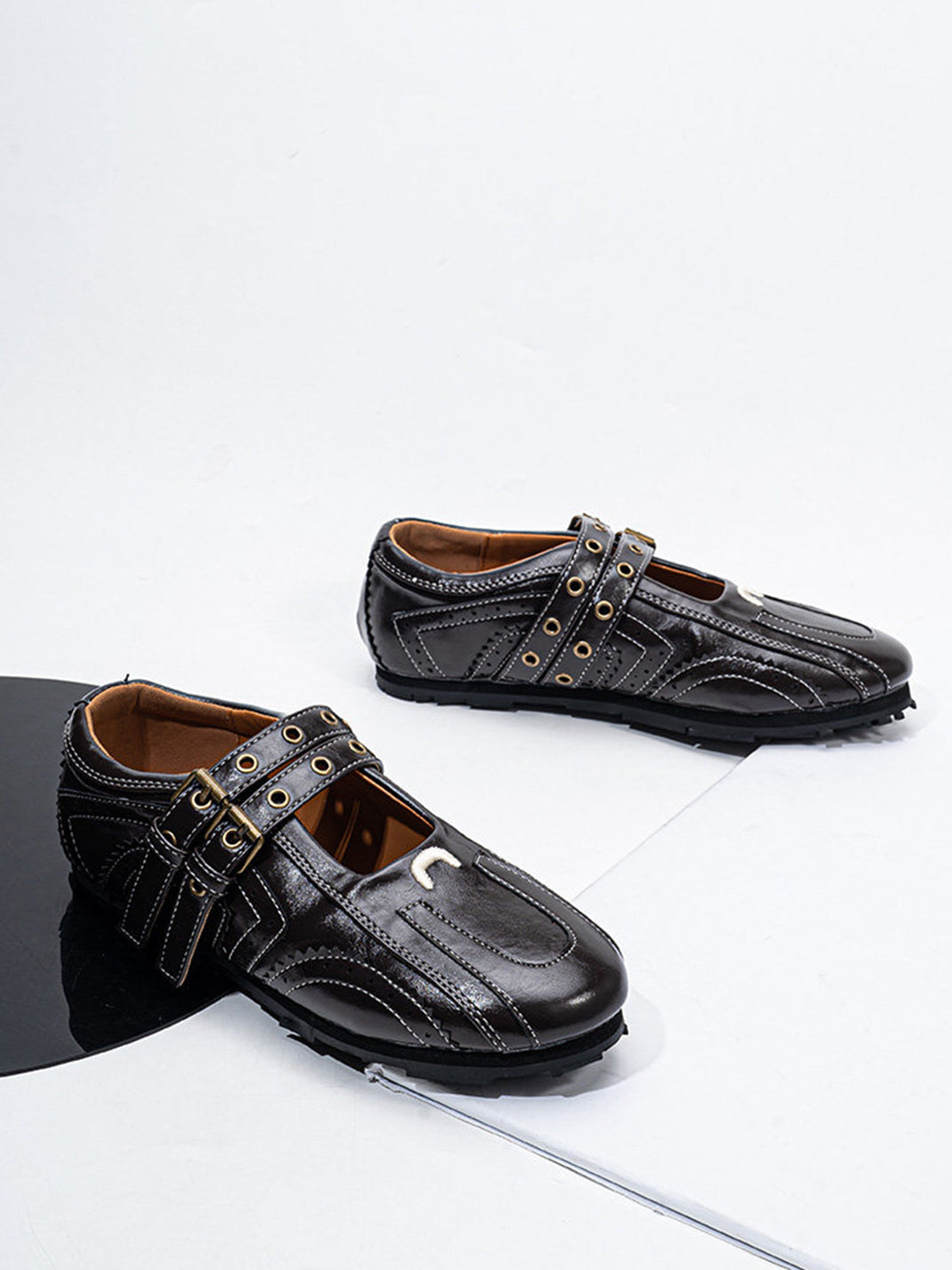 Studded Double-Buckle Square-Toe Flats