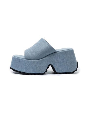 Square-Toe Denim Platform Slide Sandals
