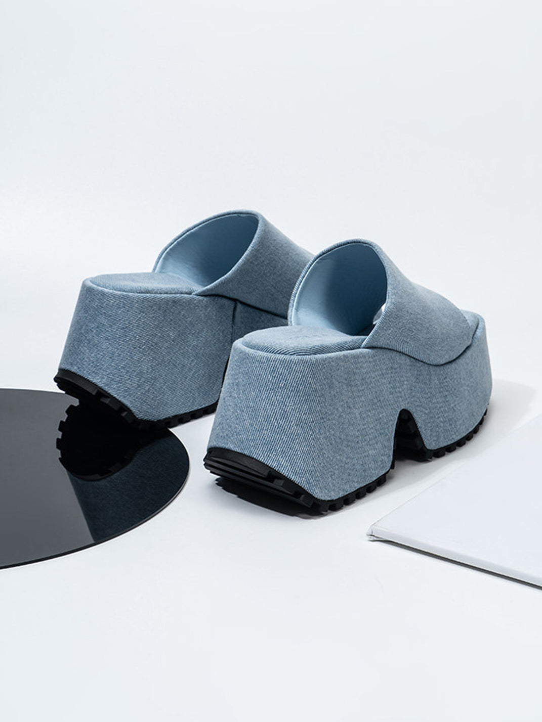Square-Toe Denim Platform Slide Sandals