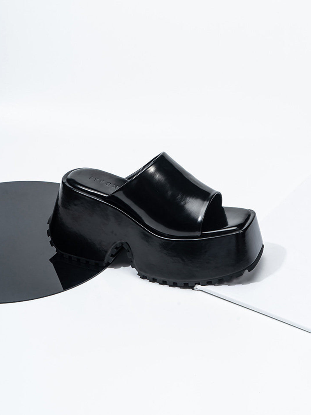 Square-Toe Denim Platform Slide Sandals
