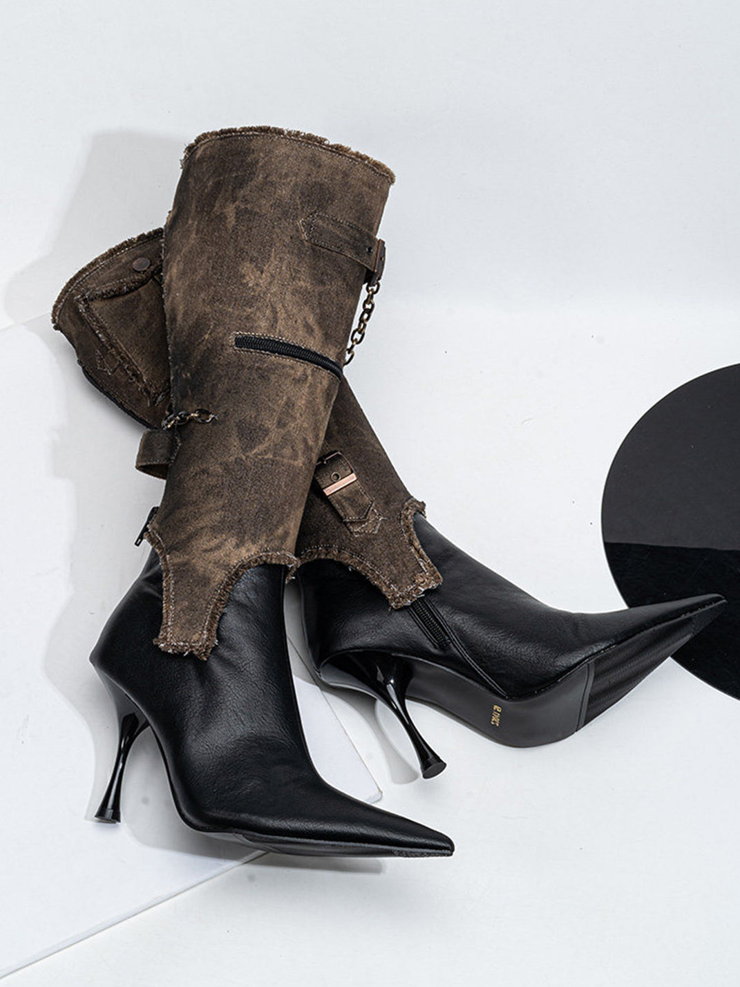Detachable Distressed-Shaft Stiletto Boots