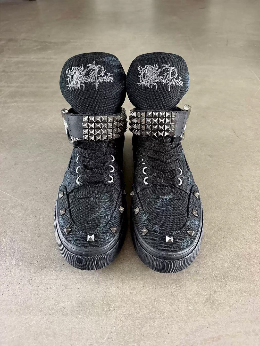 Distressed Wing-Strap High-Top Canvas Sneakers