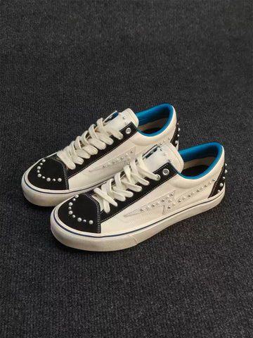 Blue-Trim Pearl-Studded Skate Sneakers