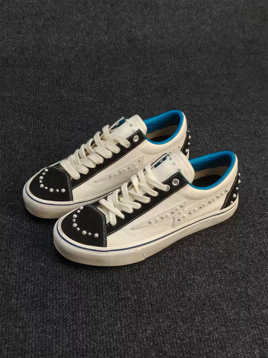 Blue-Trim Pearl-Studded Skate Sneakers