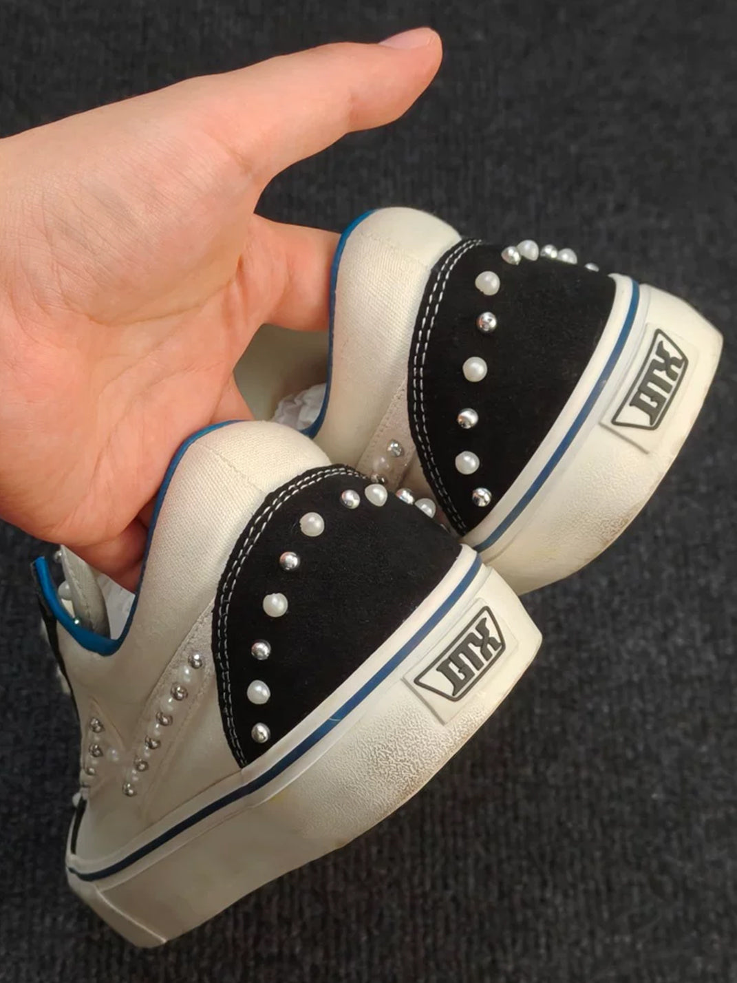 Blue-Trim Pearl-Studded Skate Sneakers