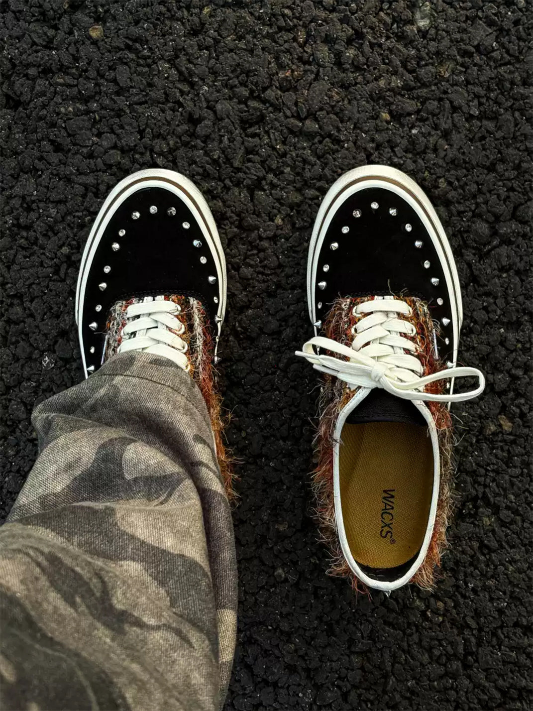 Black Mohair-Panel Studded Low-Top Sneakers