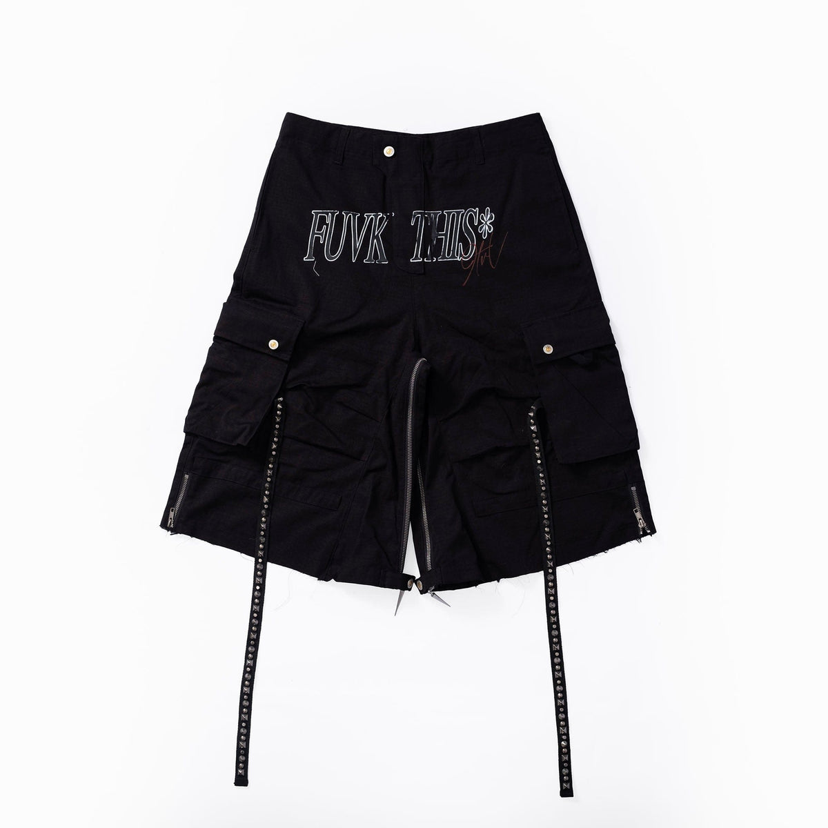 FVVO Distressed Rivet Strap Cargo Shorts Black