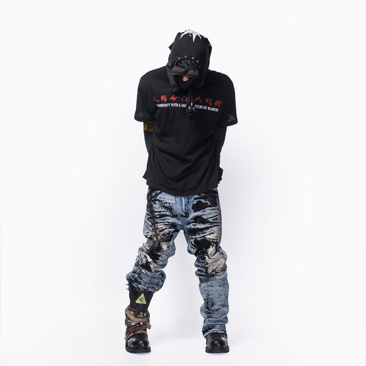 FVVO Distressed Flocked Slant Fly Jeans
