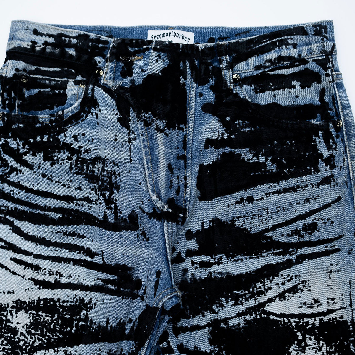 FVVO Distressed Flocked Slant Fly Jeans