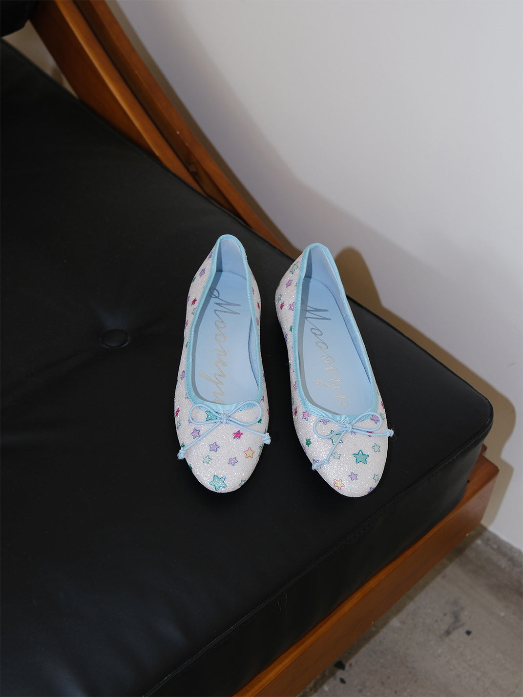 Blue Glitter Star Print Bow Ballet Flats